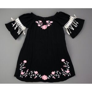 Umgee Dress M Black Off Shoulder Crochet Floral Embroidery Peasant Boho Festival